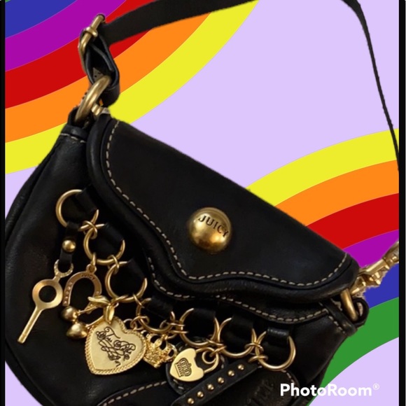 Y2K Juicy Couture VINTAGE CHARM Mini bag BLACK LEATHER PURSE WRISTLET - Picture 3 of 14